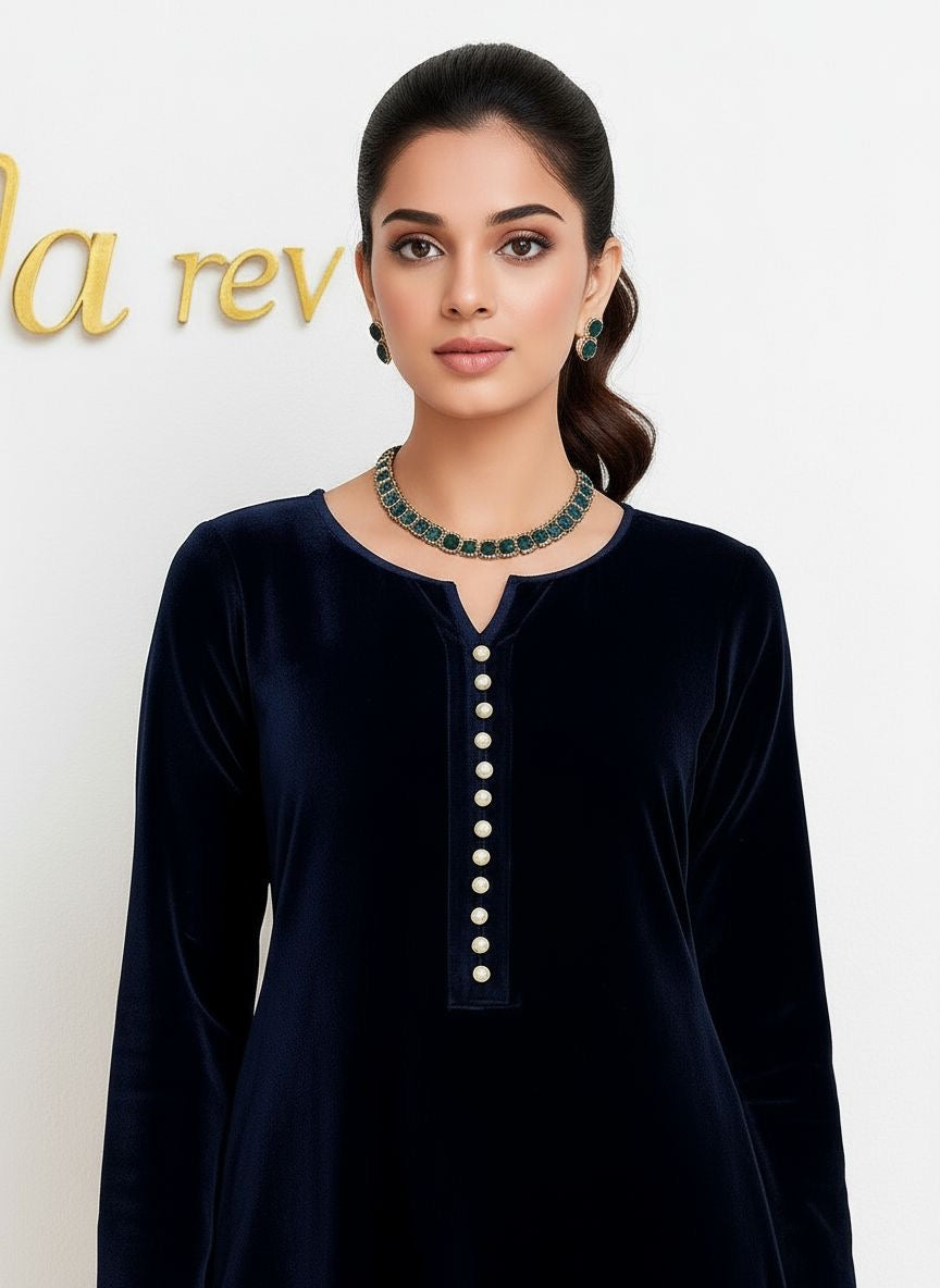 Regal Blue Velvet 2 Pcs Dress hi