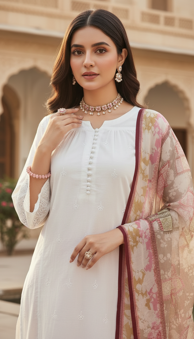 White Chikankari Embroidered 3 Pcs Dress with Chiffon dopatta
