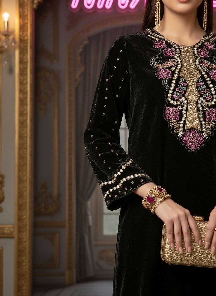 Black Galaxy Velvet Ready to Wear 2 Pcs Embroidered Dress