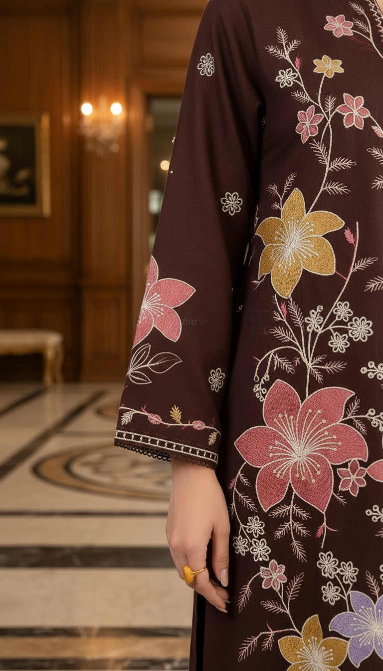 Brown Flower Ready to Wear 2 Pcs Embroidered Kaftan Dress