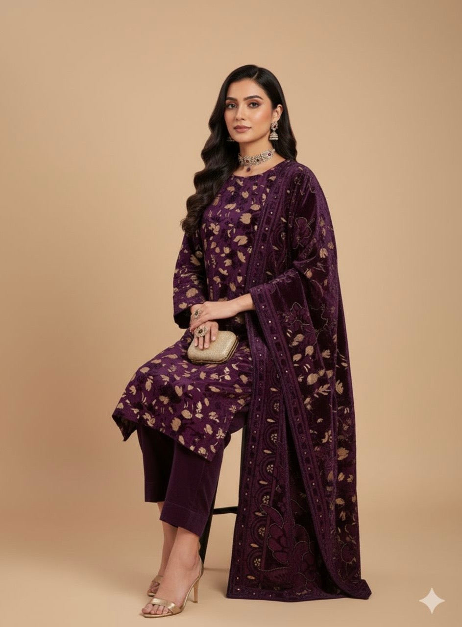 Full Purple Palachi Velvet Dress with Palachi Shawl and Velvet Trouser