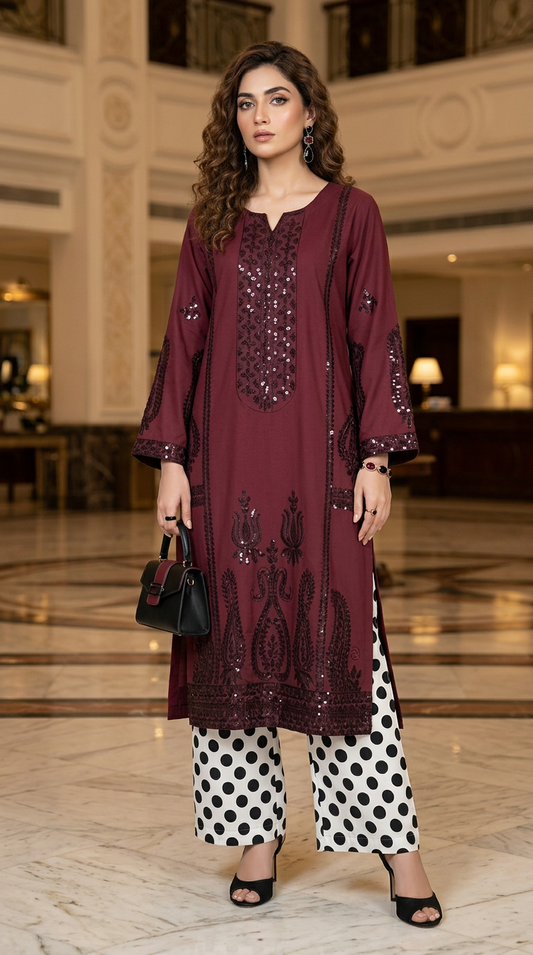 Lush Maroon fully embroidered 2 Pcs Dress