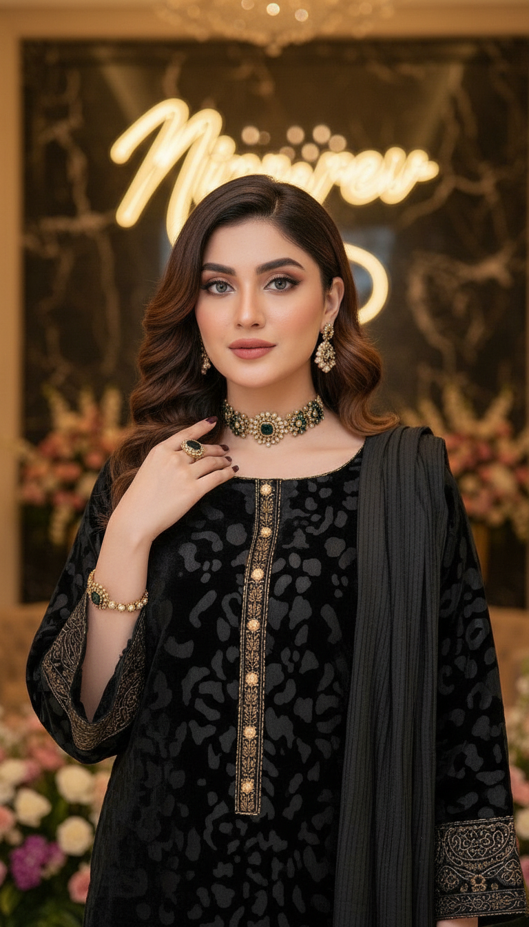 Nida Black Velvet Embroidered 3 Pcs Dress
