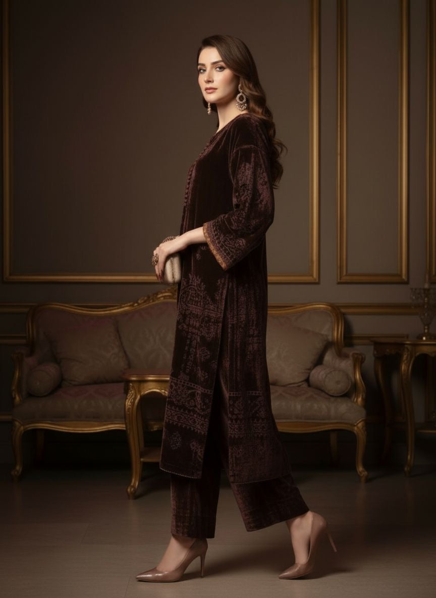 Reema Brown French Velvet 2 Pcs Dress with Palachi work