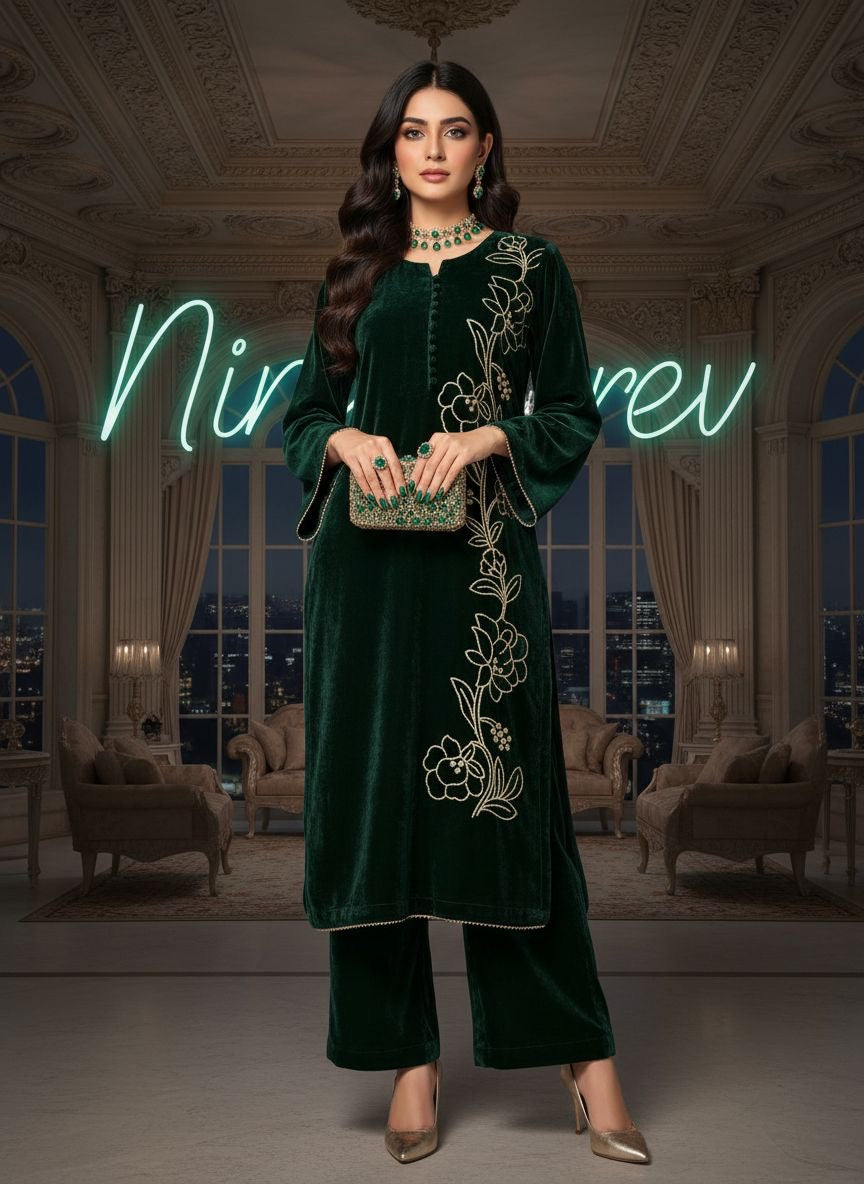 Natalia Green Velvet 2 Pcs Embroidered Dress