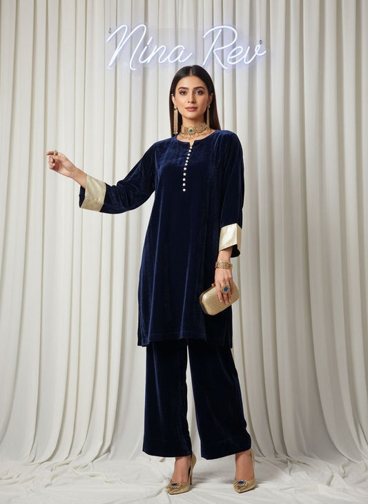 Navy De Luxe Ready to wear 2 Pcs Velvet Dress
