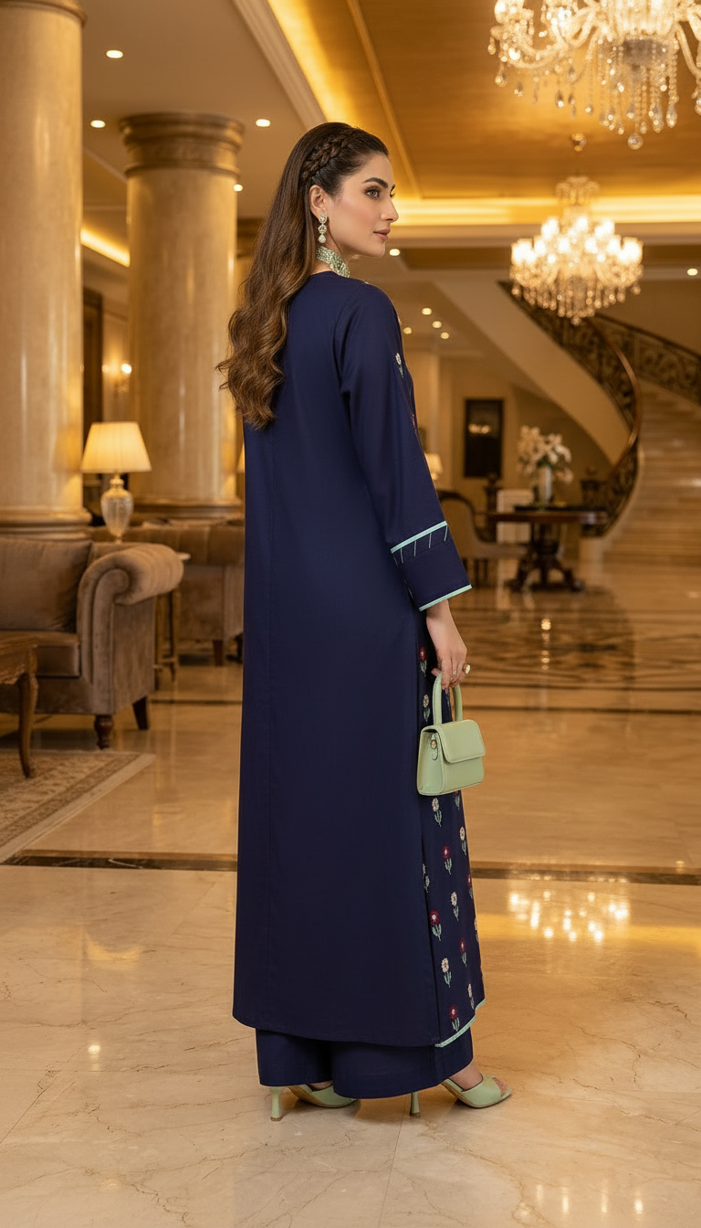 Blue Cross stitch Slub Fully Embroidered Dress
