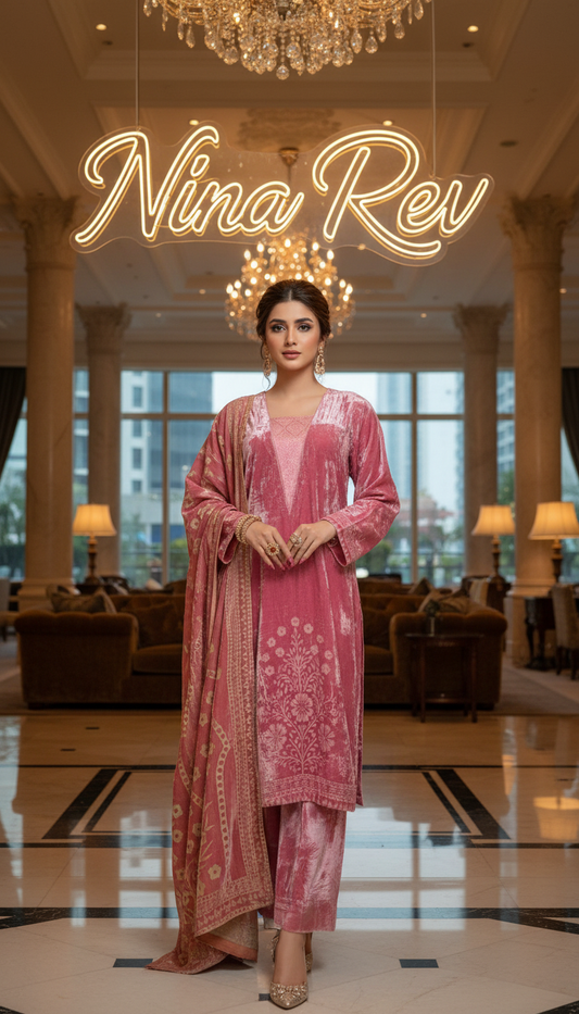 Fancy Pink French Velvet 3 Pcs Dress with Velvet Shawl