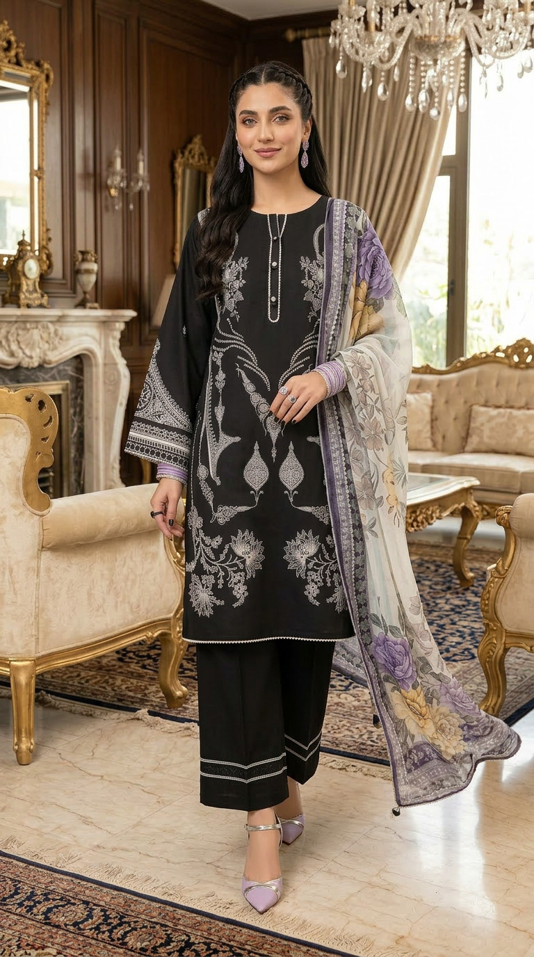 Esha Black Ready to Wear 3 Pcs Dress with Chiffon dopatta
