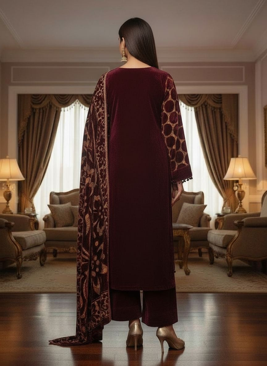 Aroosa Maroon Velvet Ready to Wear 3 Pcs Dress