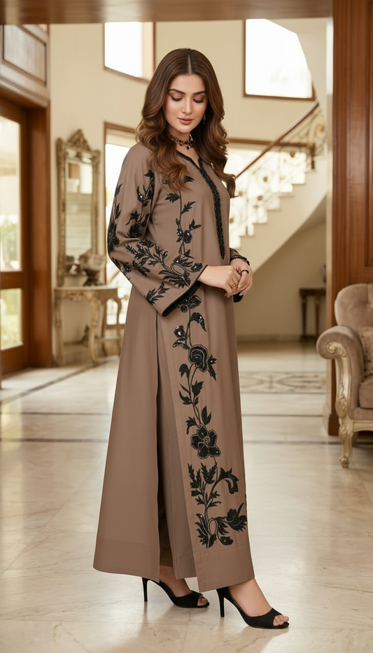 Shezana Brown Embroidered 2 Pcs kaftan Dress