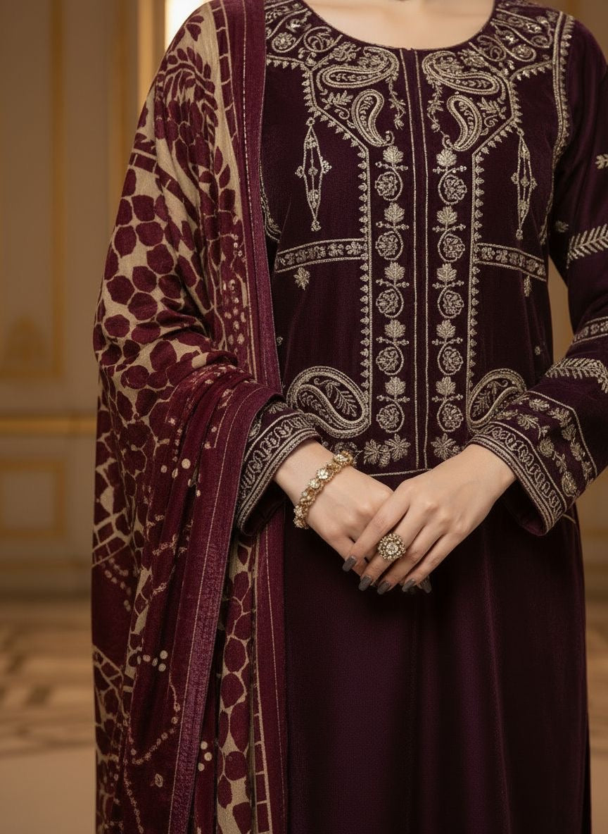 Mumtaz Velvet Embroidered 3 Pcs Dress with Palachi Shawl