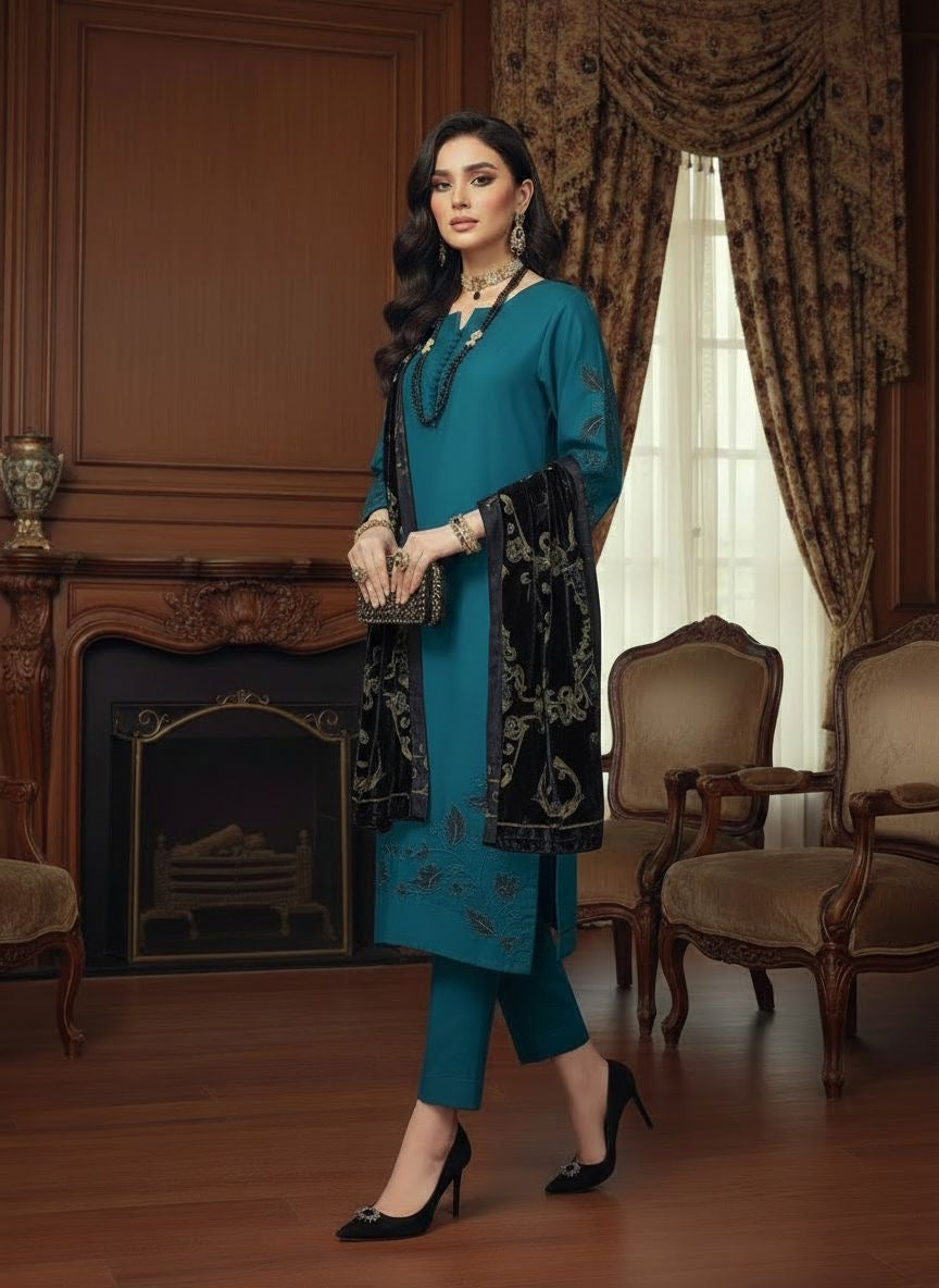 Mahira Teal Ready to Wear 3 Pcs Embroidered Dress