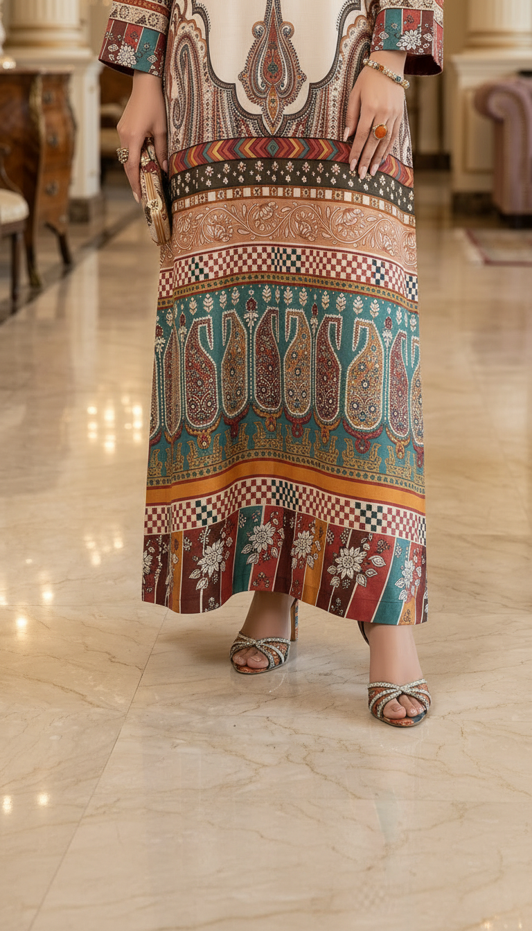 Iqsam Multicolour Linen Printed 2 Pcs Kaftan