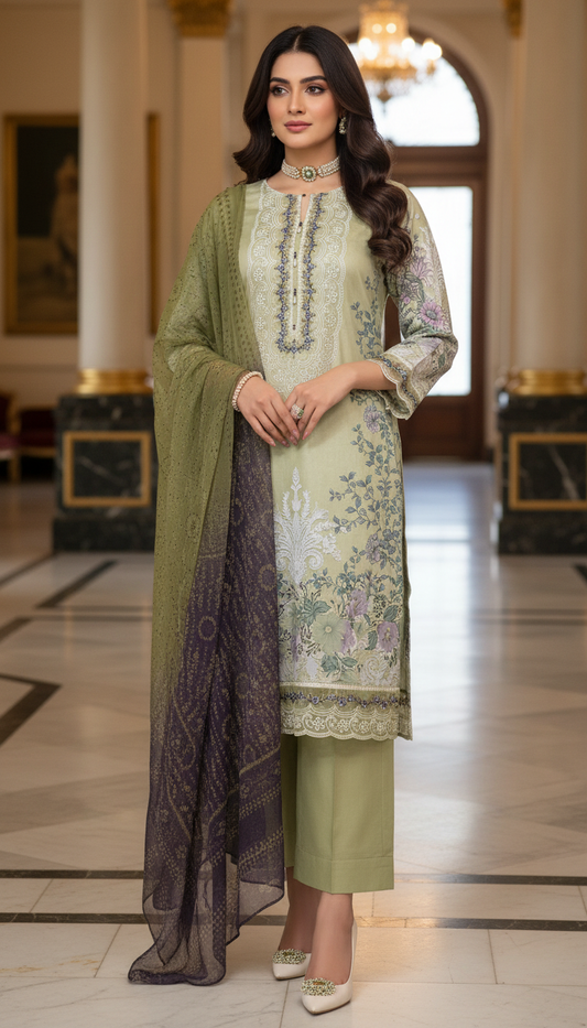Jade Green Ready to Wear 3 Pcs Embroidered Dress