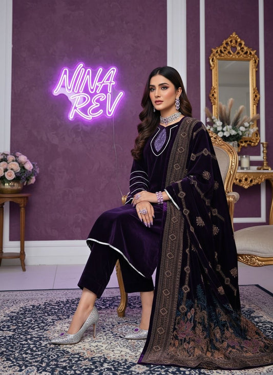 Umsha Purple Velvet  Ready to Wear 3 Pcs Dress with Velvet Shawl