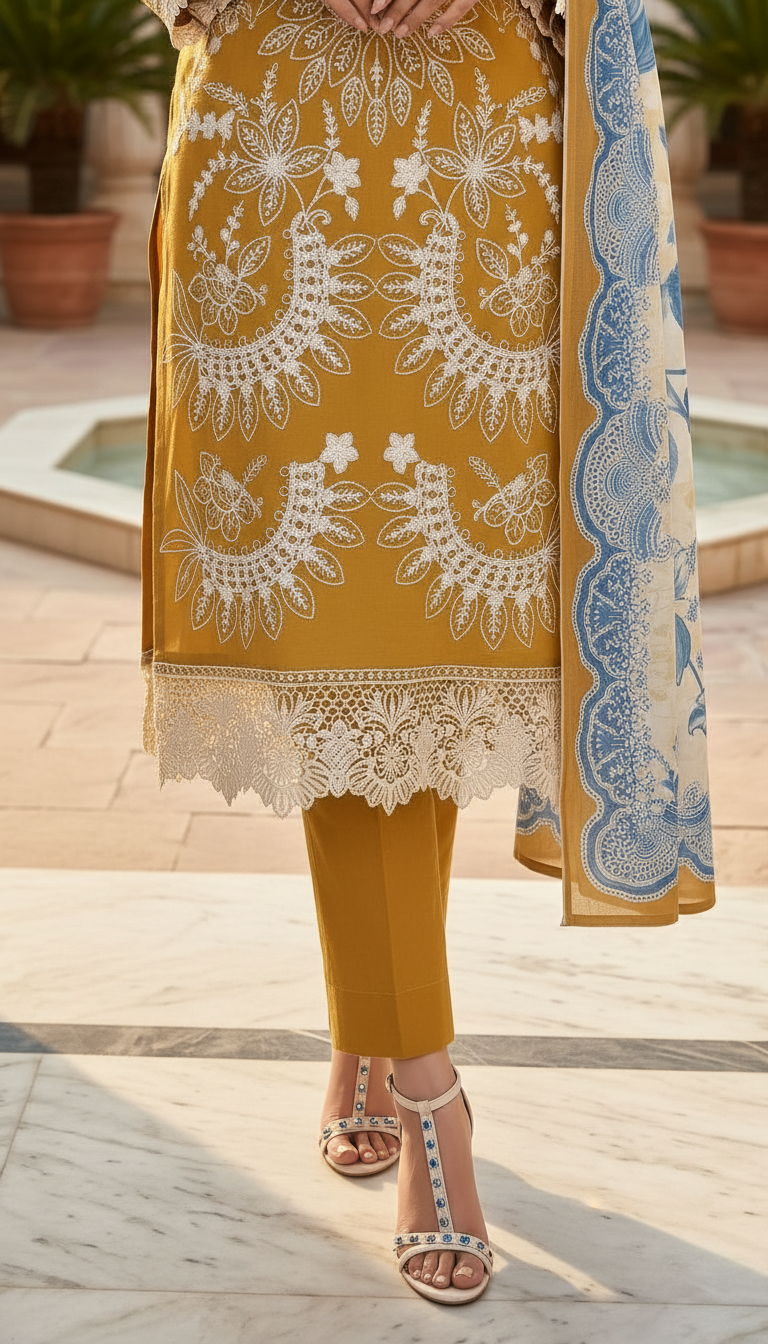 Sharvi Mustard Chikankari Embroidered 3 Pcs Dress