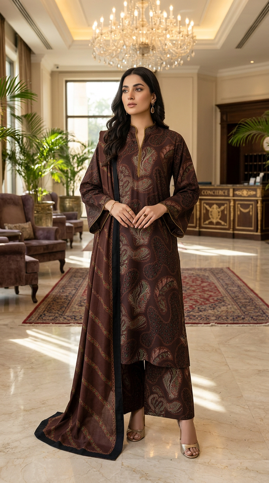 Tania Brown Marina Ready to Wear 3 Pcs Dress with Marina Shawl