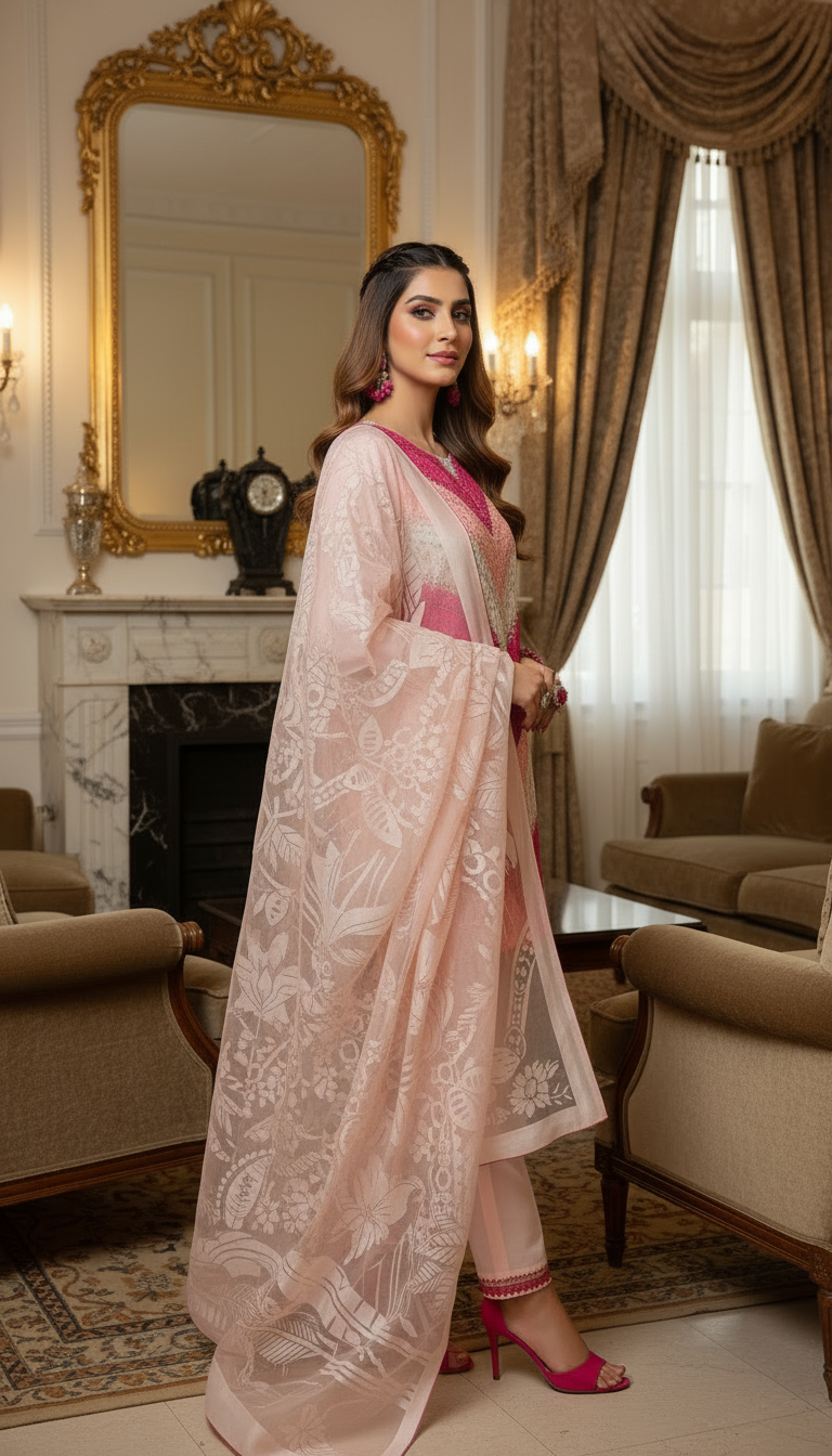 Rhea Pink Full chikankari Embroidered Dress with Jacquard dopatta