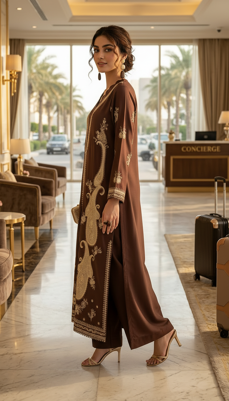 Avnisha Brown Fully Embroidered 2 Pcs Kaftan Dress