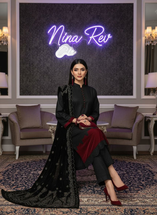 Kamli Black Ready to Wear 3 Pcs Dress With Velvet Shawl