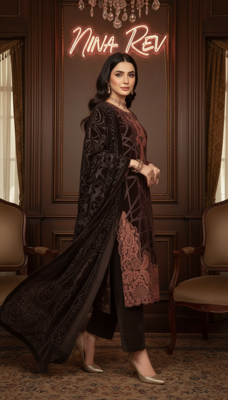 Lyra Brown French Velvet Embroidered 3 Pcs Dress with Palachi shawl