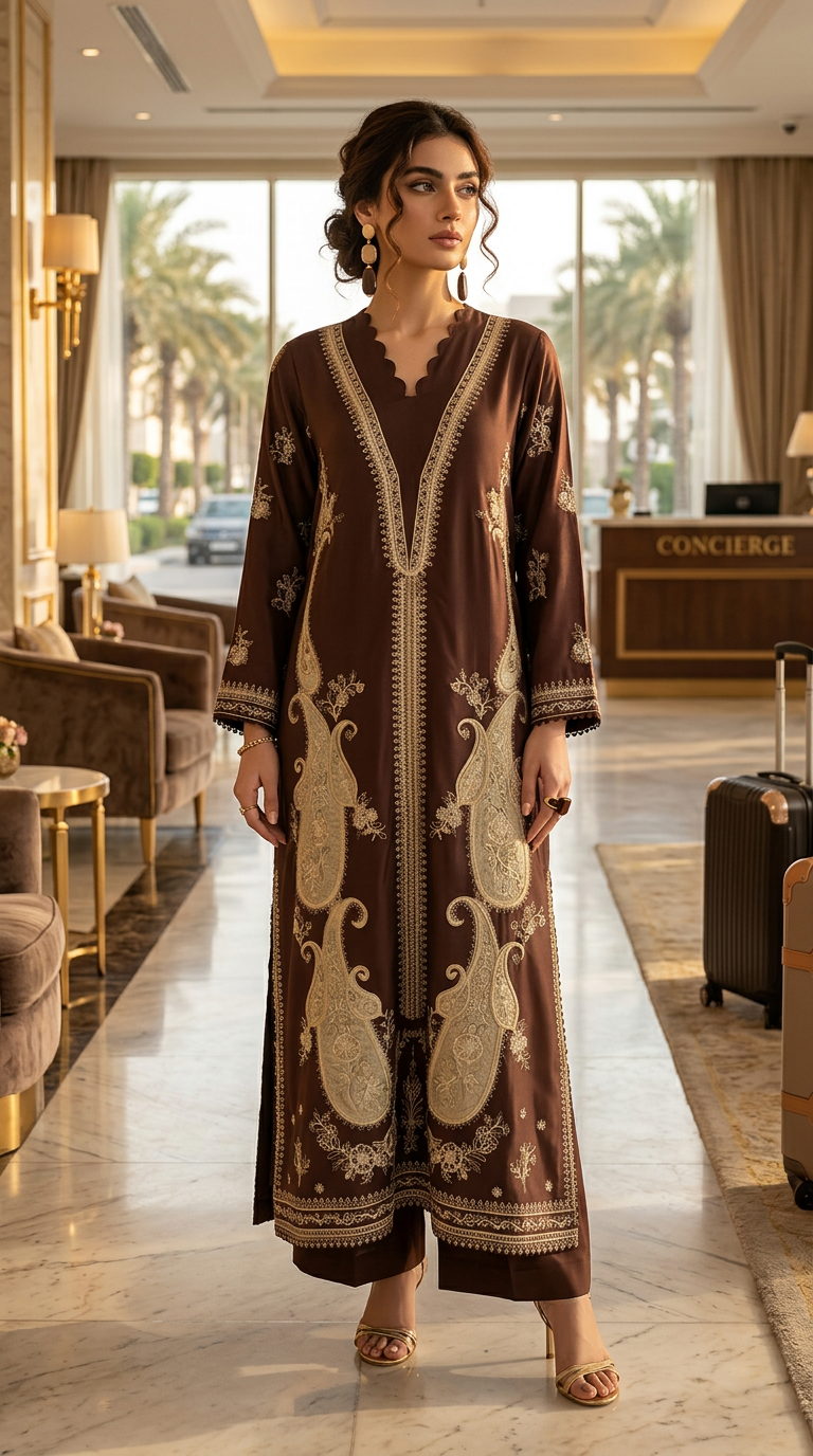 Avnisha Brown Fully Embroidered 2 Pcs Kaftan Dress