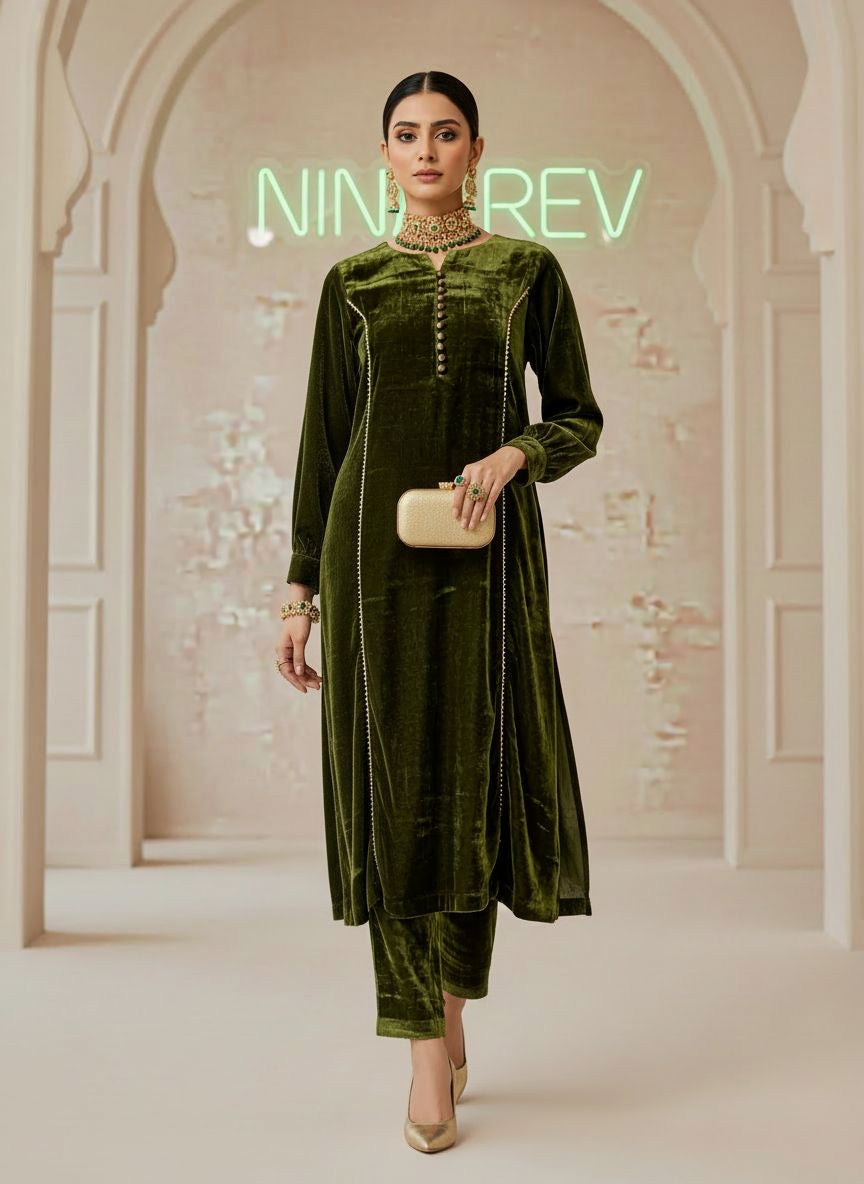 Green Velvet De Luxe Ready to Wear 2 Pcs Dress