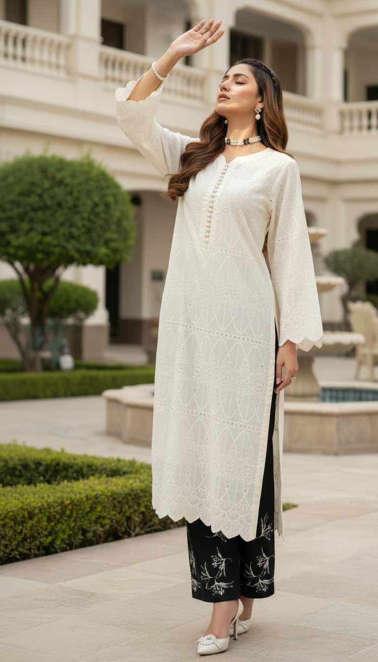 Humna Cream Chikankari Ready to Wear 2 Pcs Dress