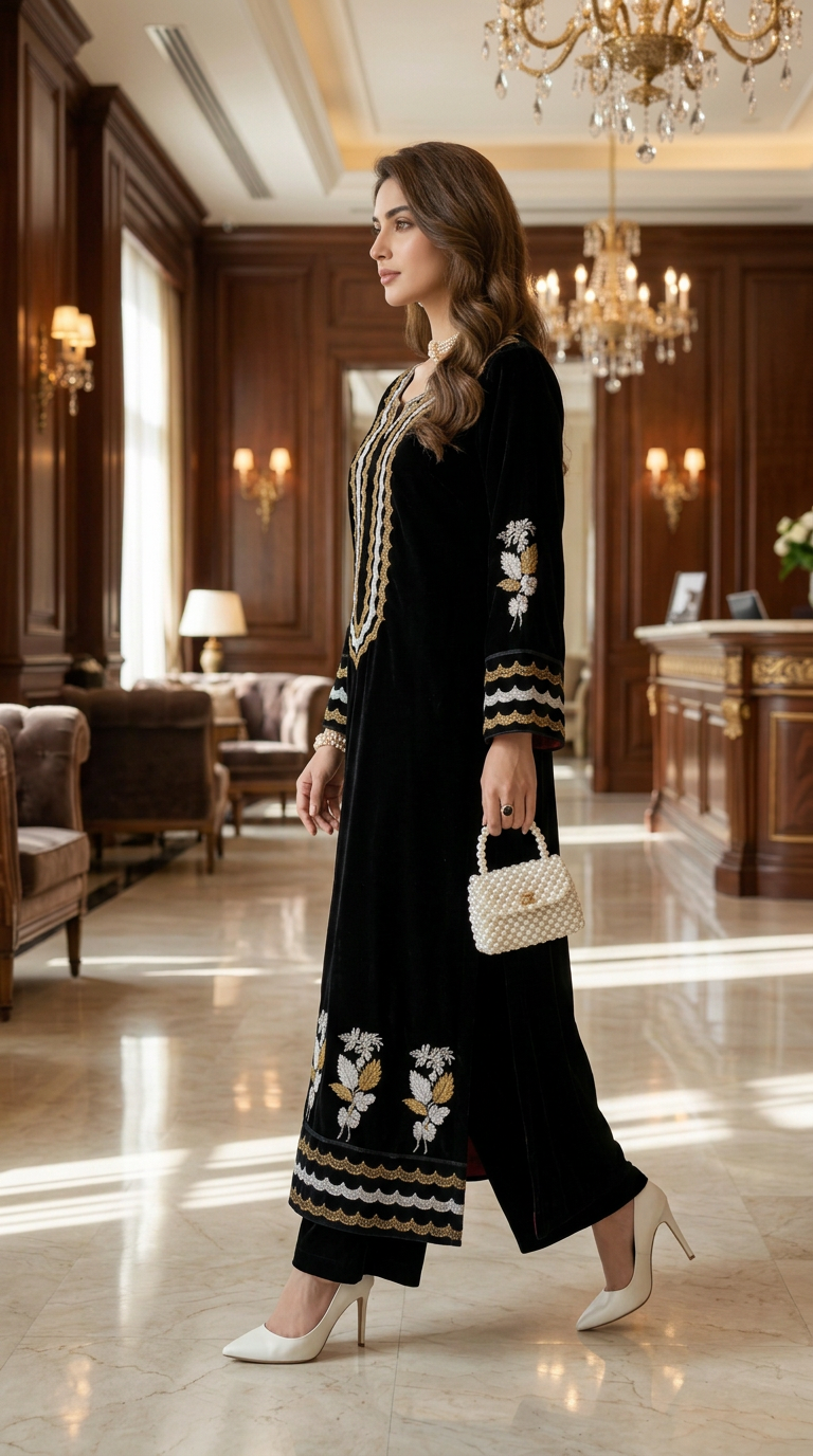 Ajea Velvet Ready to Wear 2 PCS Embroidered Dress