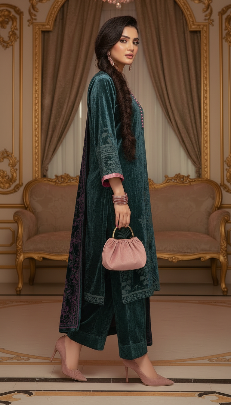 Dina French Velvet Grey Ready to Wear Dress with Palachi Shawl