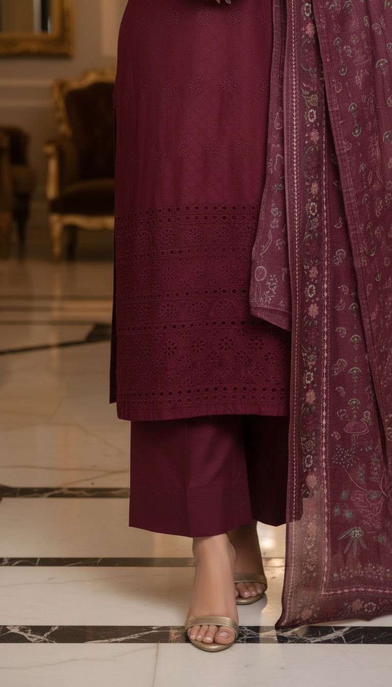 Taiba Maroon Ready to Wear 3 Pcs Chikankari Embroidered Dress