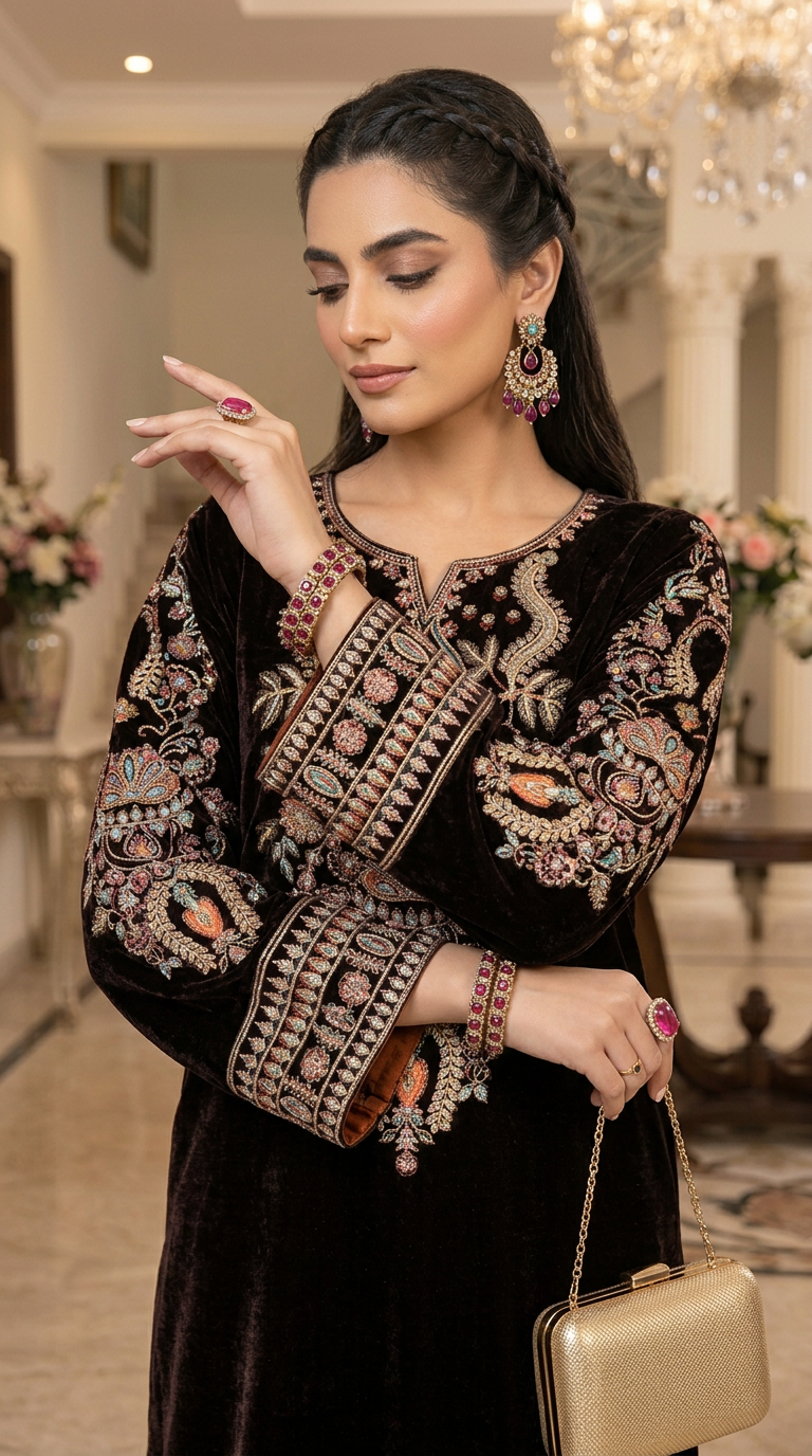 Reema Brown Velvet Fully Embroidered 2 Pcs Dress