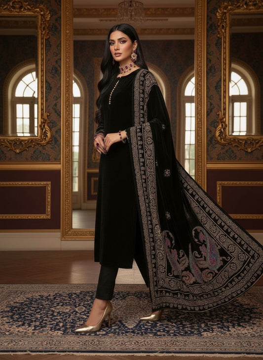 Gulnaz Black Velvet Ready to Wear 3 Pcs Dress