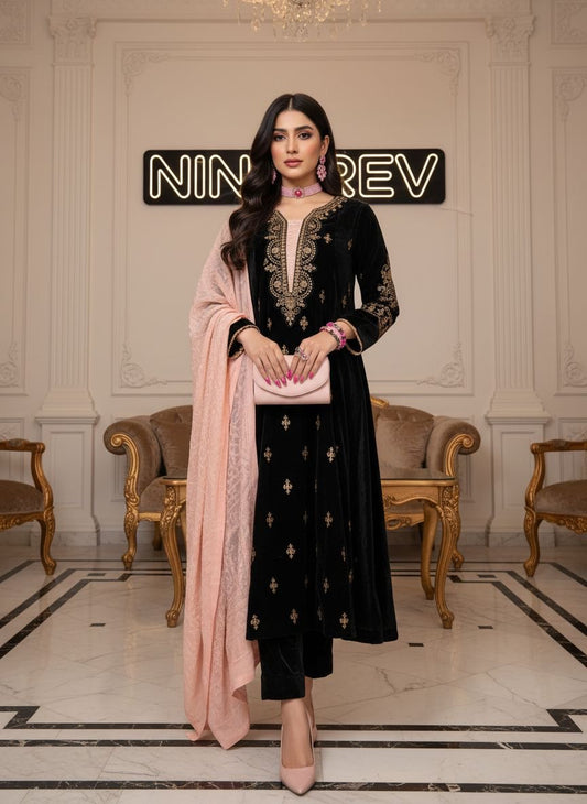 Qalamkar 3 Pcs Ready to Wear Velvet Dress with Palachi Shawl