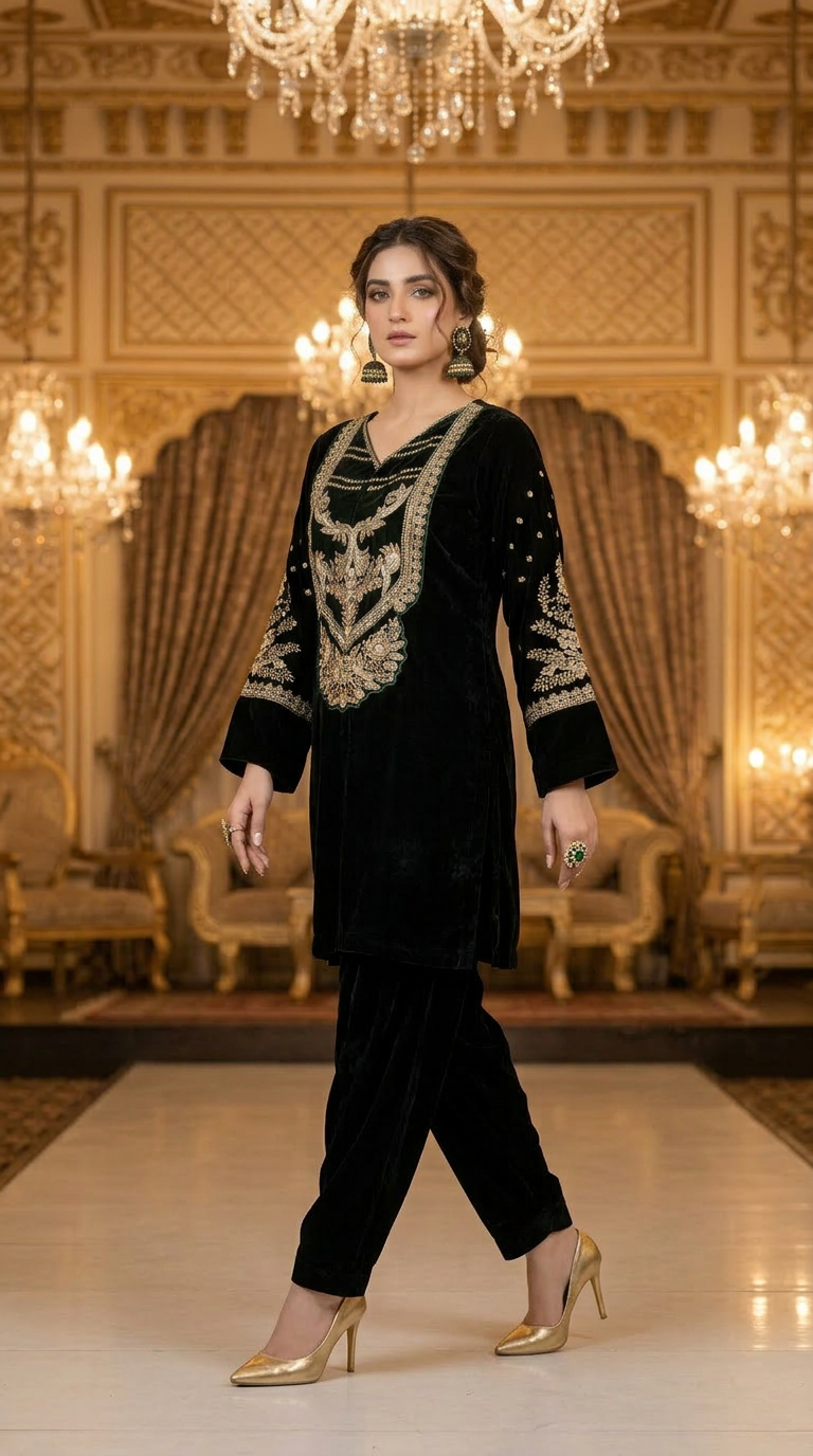 Saloni Ready to Wear 2 Pcs Velvet Embroidered Dress