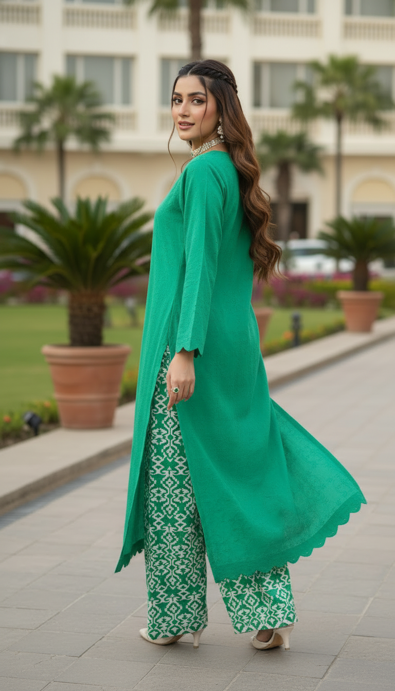 Green Chikankari Ready to Wear 2 Pcs Dress