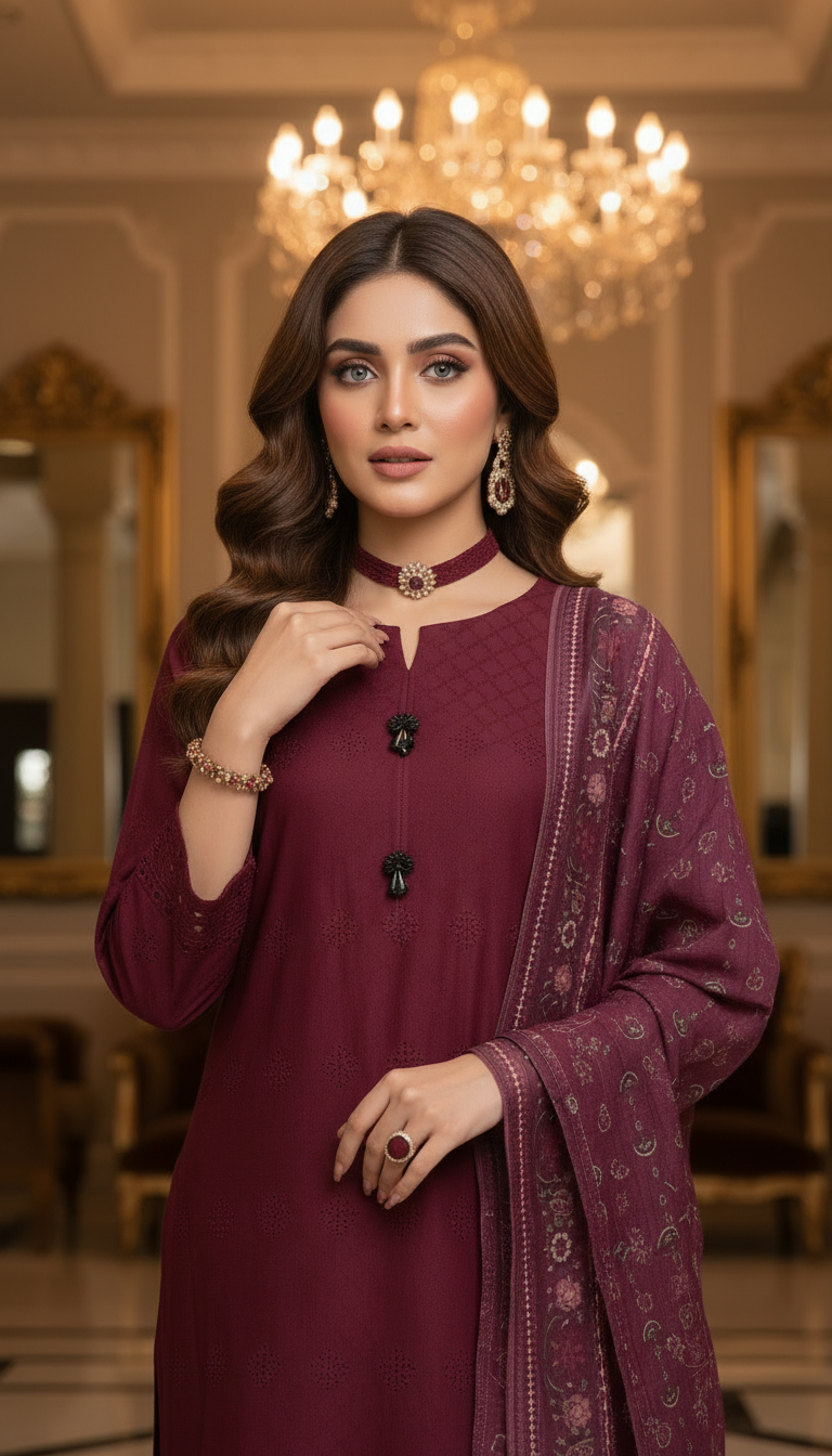 Taiba Maroon Ready to Wear 3 Pcs Chikankari Embroidered Dress