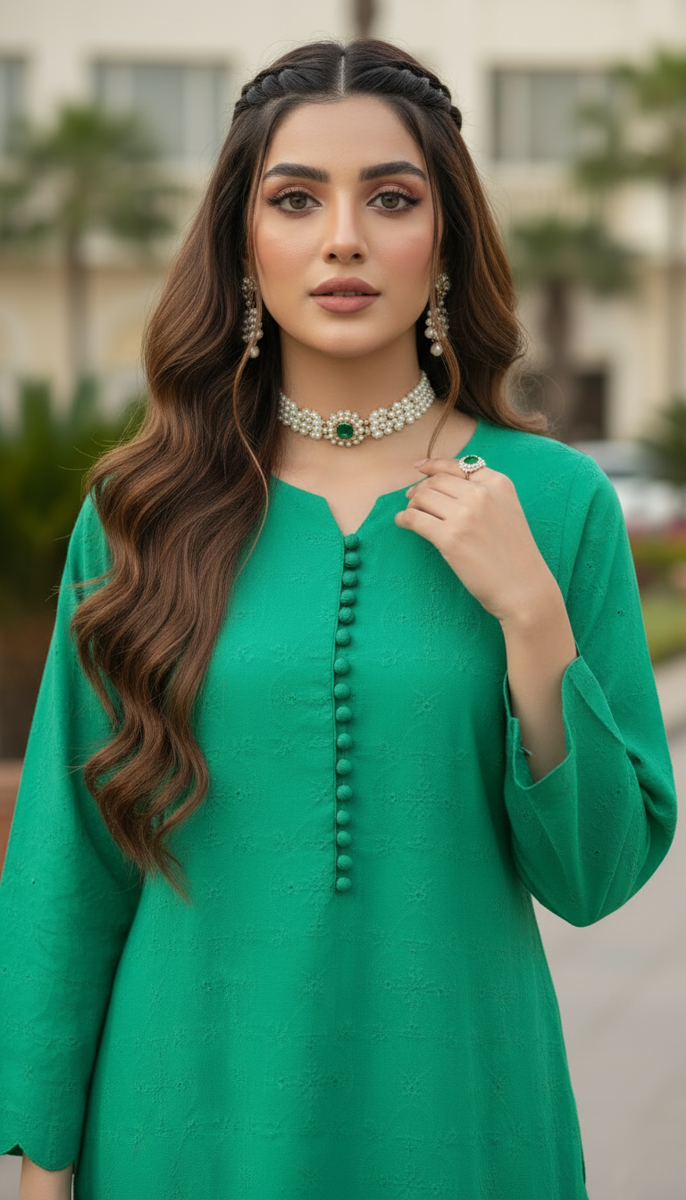 Green Chikankari Ready to Wear 2 Pcs Dress