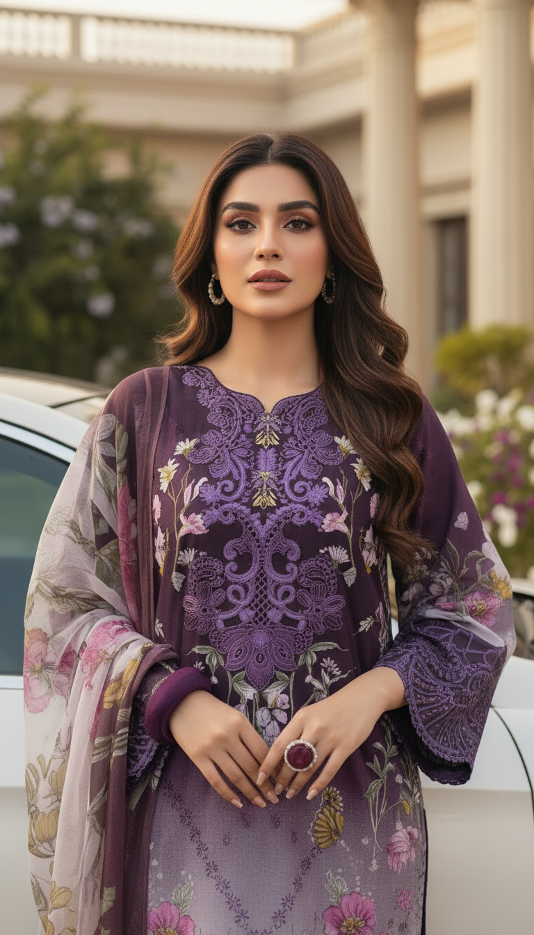 Lavvy Purple Embroidered Lawn 3 Pcs Dress