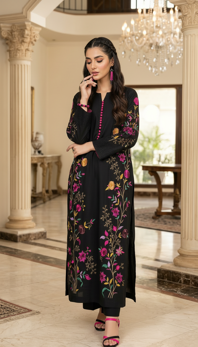 Black Flora Multicolour Fully Embroidered 2 Pcs Dress