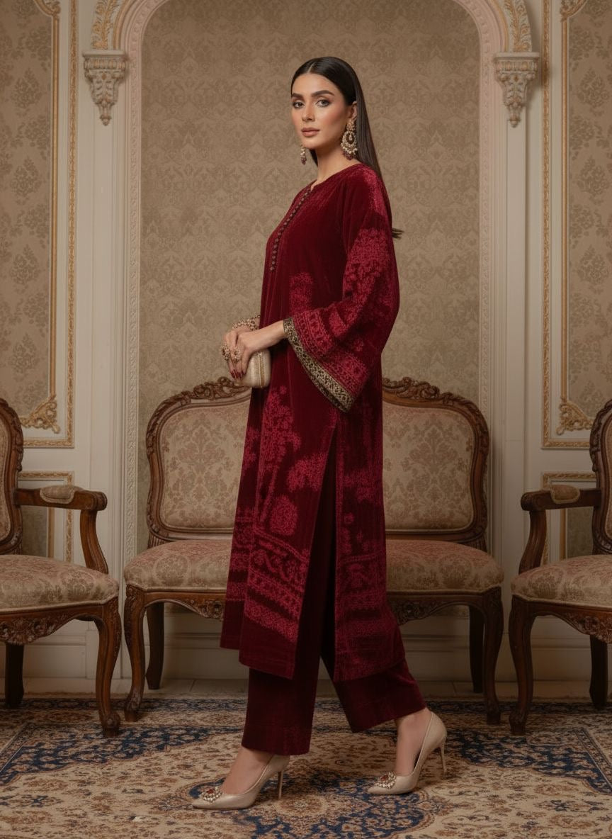 Kamera Maroon French Velvet Ready to Wear 2 Pcs Dress with Palachi Work