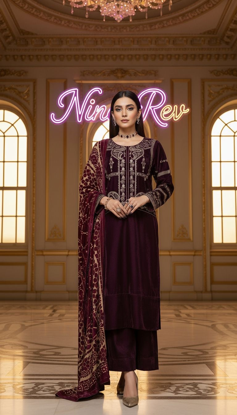 Mumtaz Velvet Embroidered 3 Pcs Dress with Palachi Shawl
