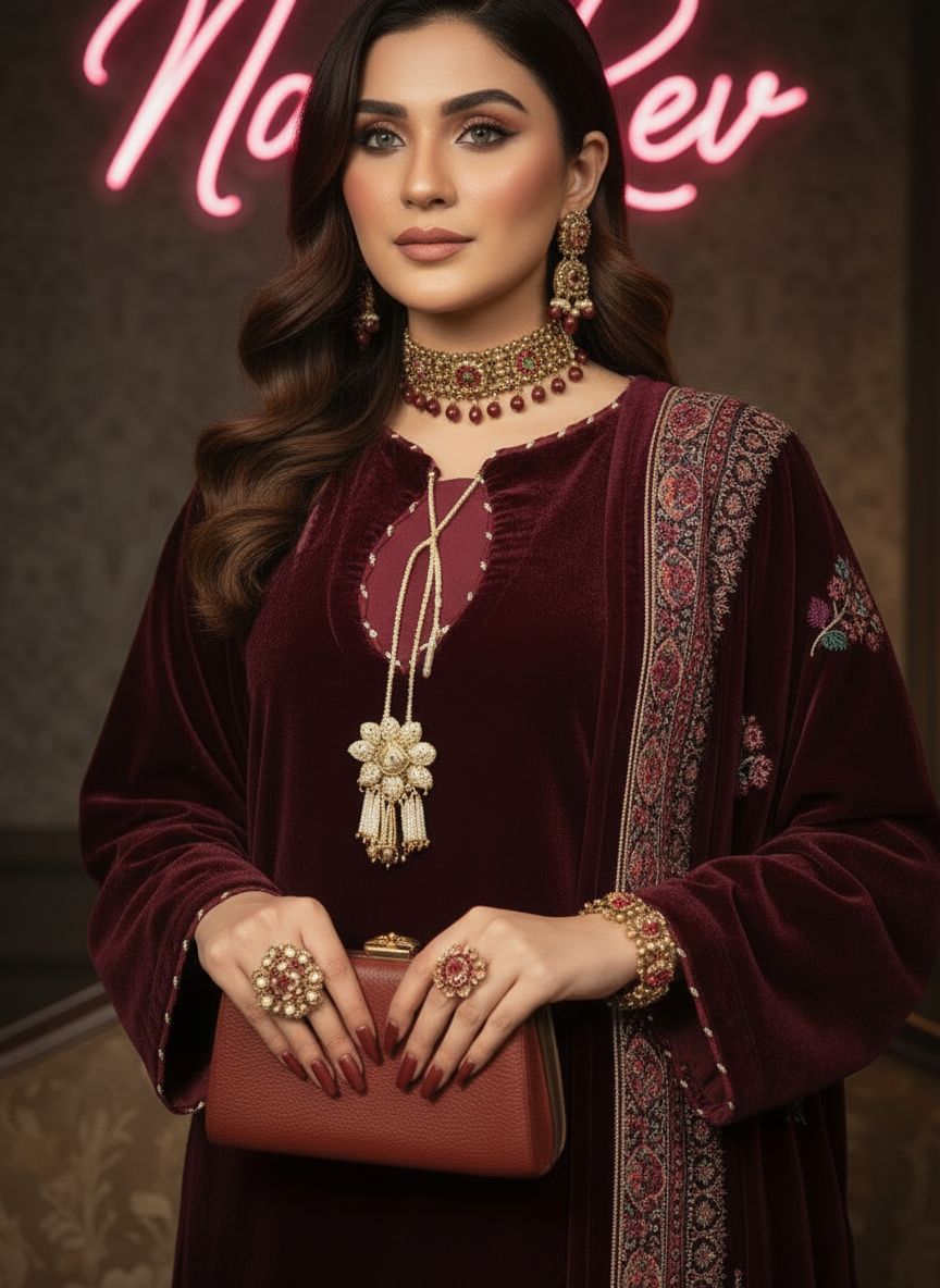 Lajwanti Maroon velvet Ready to Wear Dress with Velvet Shawl