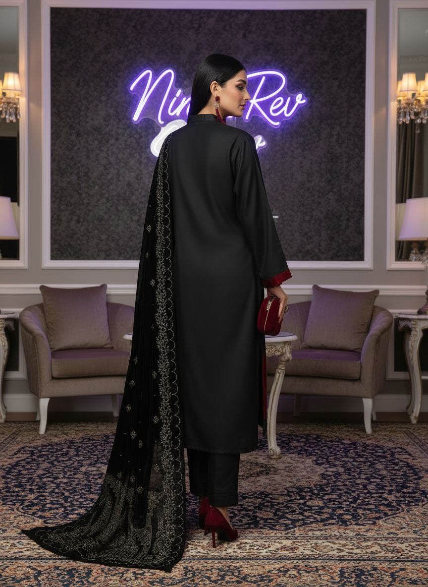 Kamli Black Ready to Wear 3 Pcs Dress With Velvet Shawl