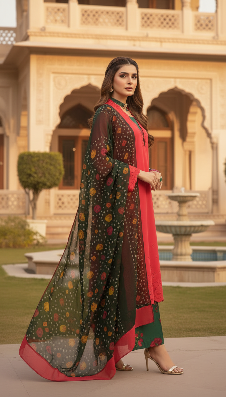 Red and Green Chikankari Ready to Wear 3 Pcs Dress