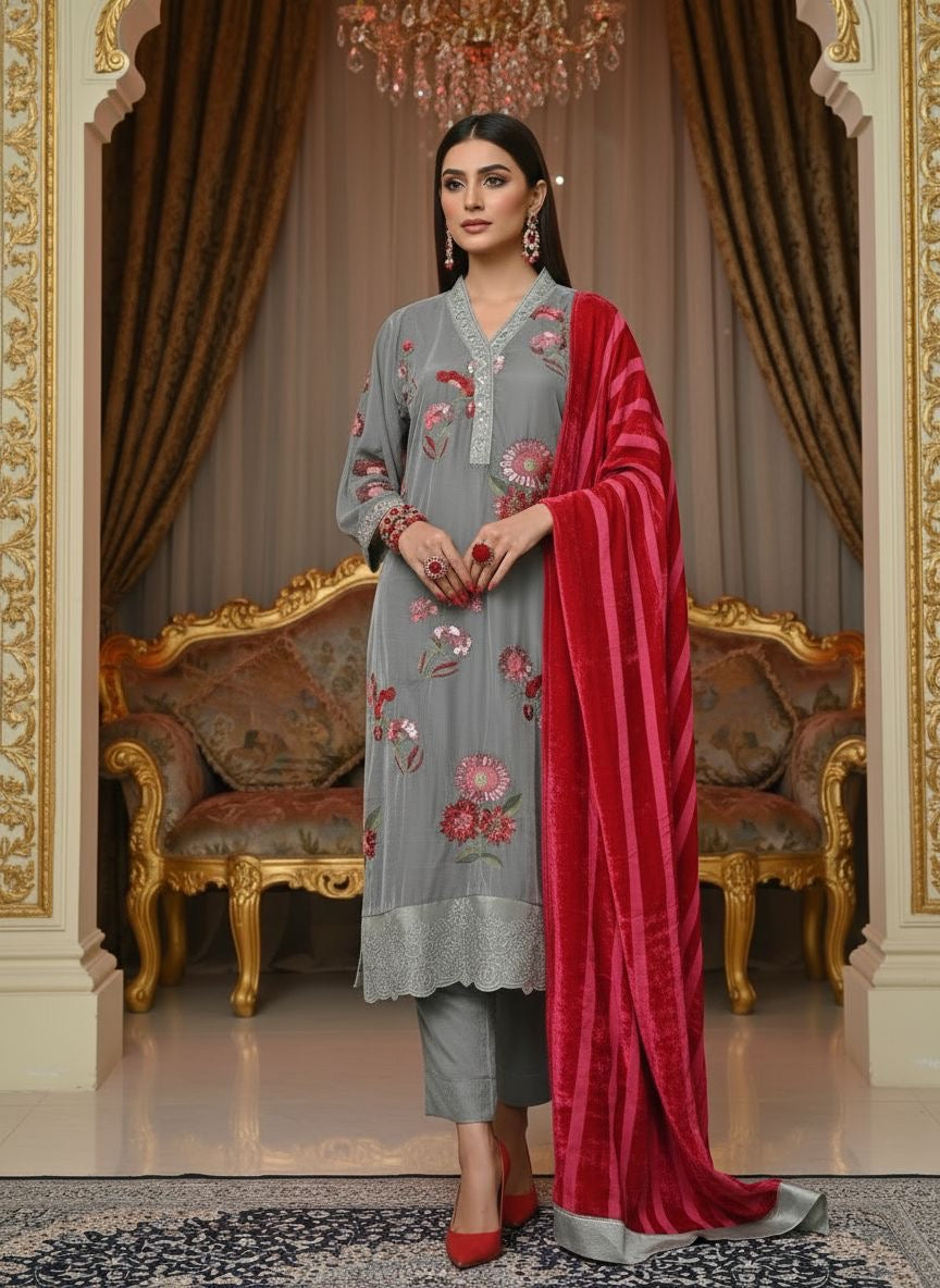 Nudrat Grey Velvet Ready to Wear 3 pcs Embroidered Dress with Palachi Shawl