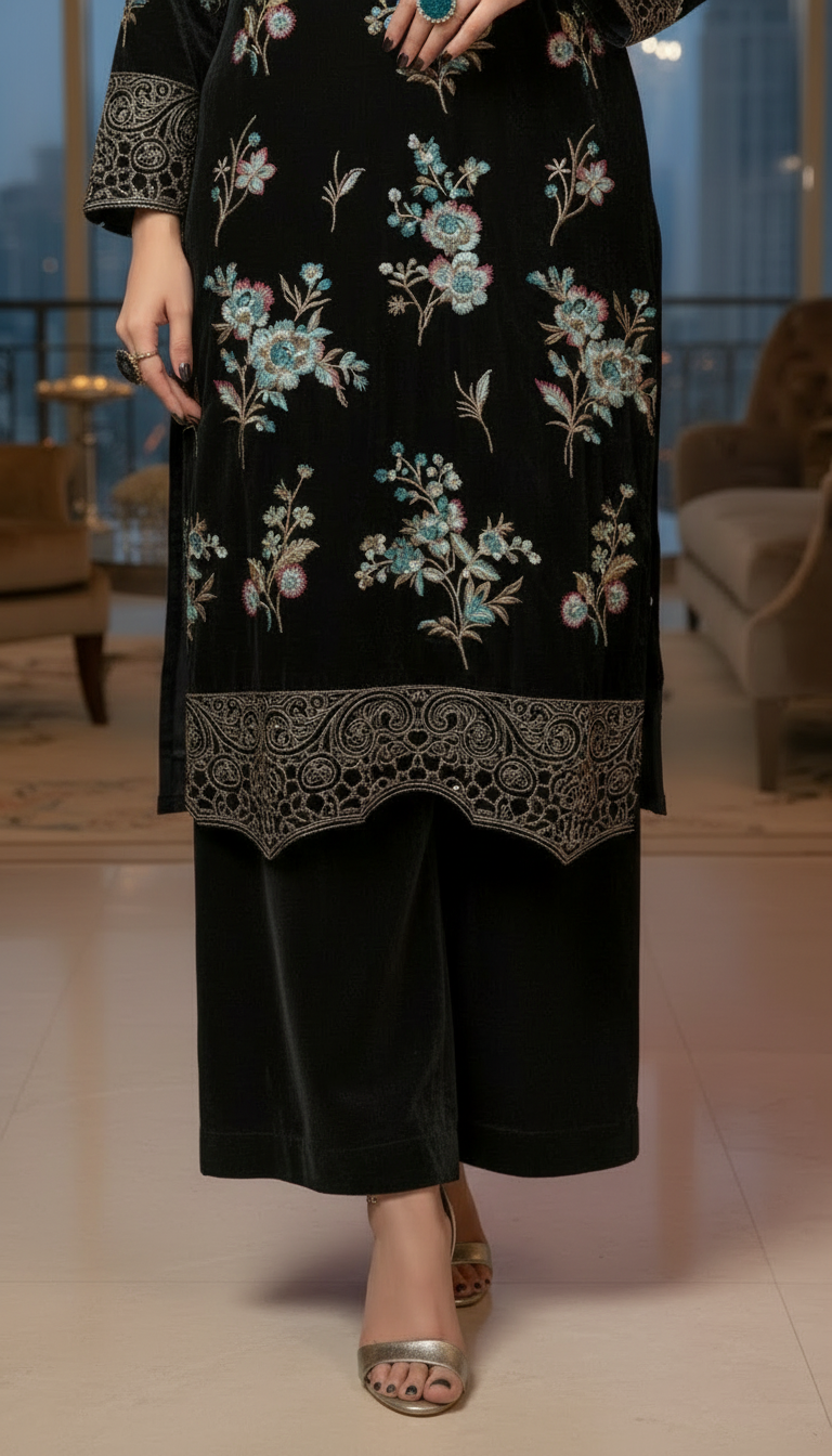 Marvi Black Velvet Ready to Wear 3 Pcs Embroidered Dress