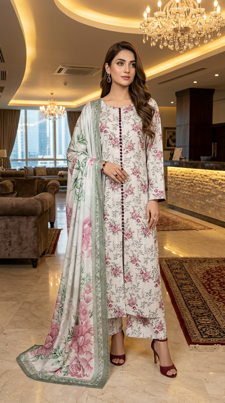 Elan Ready to Wear 3 Pcs Linen Dress with Silk dopatta