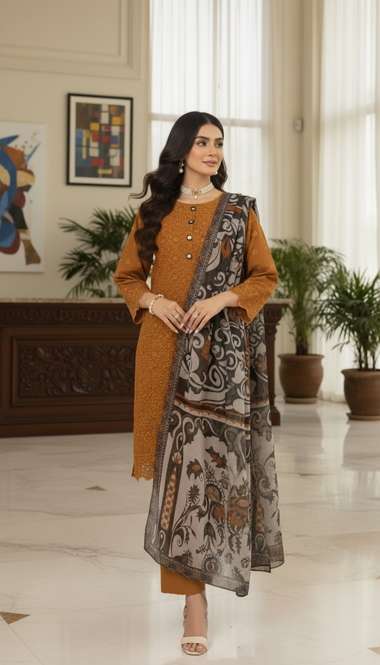 Mustard Chikankari Ready to Wear 3 Pcs Embroidered Dress